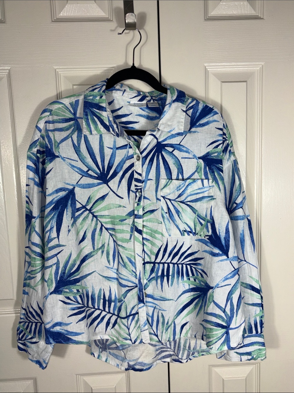 Sigrid Olsen Blue, Green & White Tropical Print Button-Down Shirt